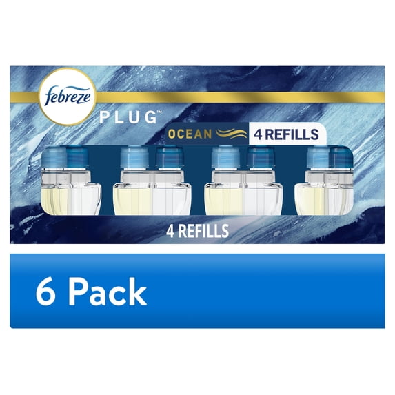 (6 pack) Febreze Plug In Air Freshener, Odor-Fighting Scented Oil Refill, Ocean, 4 Refills