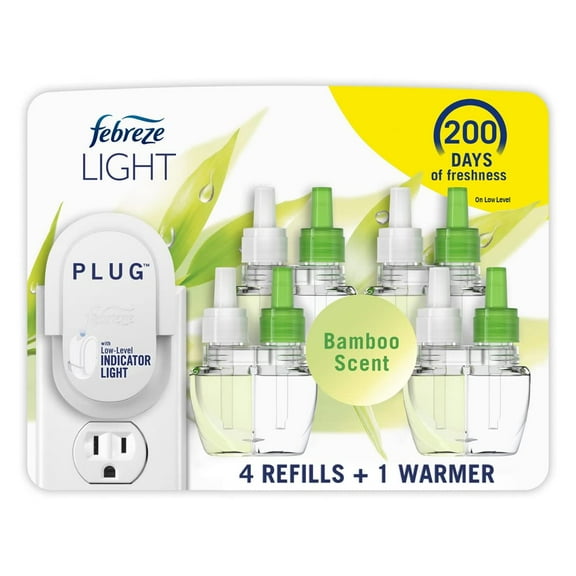 Febreze Plug-In Air Freshener, Odor-Fighting Scented Oil Starter Kit, Air Fresheners for Home and Bathroom and Kitchen, Long Lasting for Strong Odors, Bamboo Scent, Warmer + 4 Refill