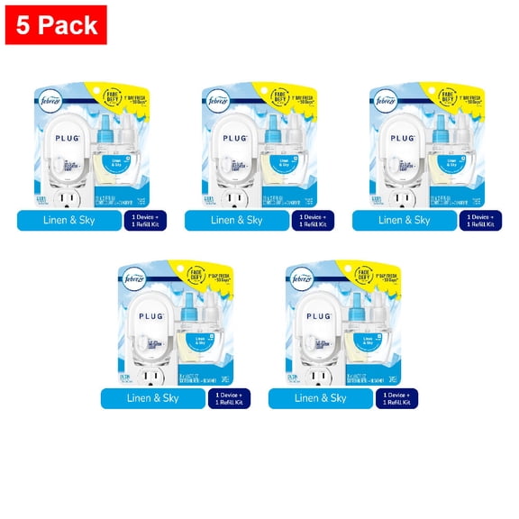 Febreze Plug In Air Freshener Odor-Fighting Scented Oil Starter Kit Linen & Sky Warmer + Refill 1 kit - 5 Pack
