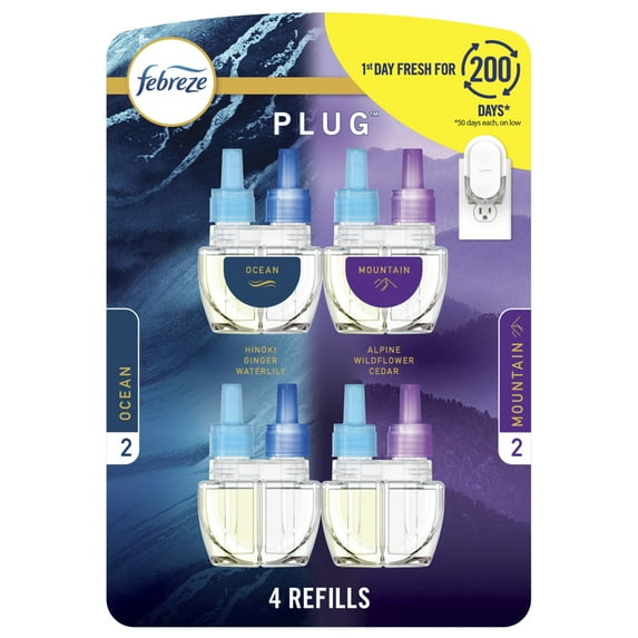 Febreze Plug in Air Freshener with Ocean & Mountain Scents Oil Refill, 4 Pack