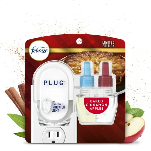 Febreze Plug Odor-Fighting Air Freshener Baked Cinnamon Apples, Starter Kit and 1 Refill, 0.87 fl oz