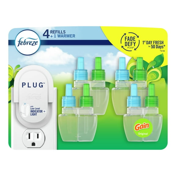 Febreze Plug In Air Freshener, Odor-Fighting Scented Oil Kit, Gain, Starter Kit + 4 Refills