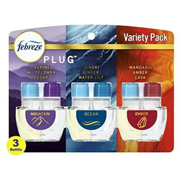 Febreze Plug Refill Odor-Fighting Air Freshener Mountain, Ocean, and Ember Mix 3 Ct, 0.87 fl oz Each