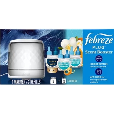 Febreze Plug Scent Booster, Scented Oil Starter Kit, Warmer + 2 Refresh & Energize + 1 Ocean Refills