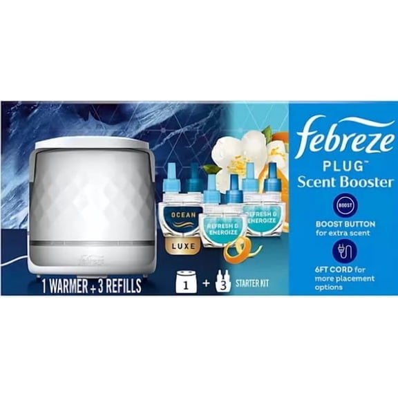 Febreze Plug Scent Booster, Scented Oil Starter Kit, Warmer + 2 Refresh & Energize + 1 Ocean Refills