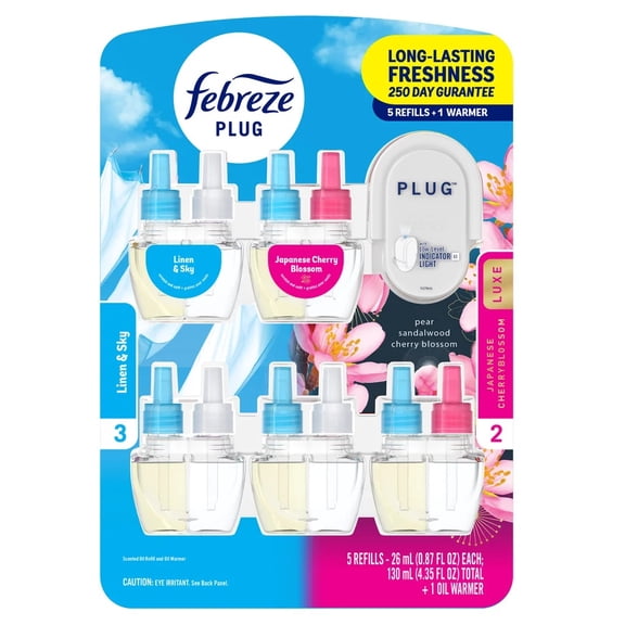 Febreze Plug Starter Kit, 1 Warmer + 5 Refills, Linen & Sky + Japanese Cherry