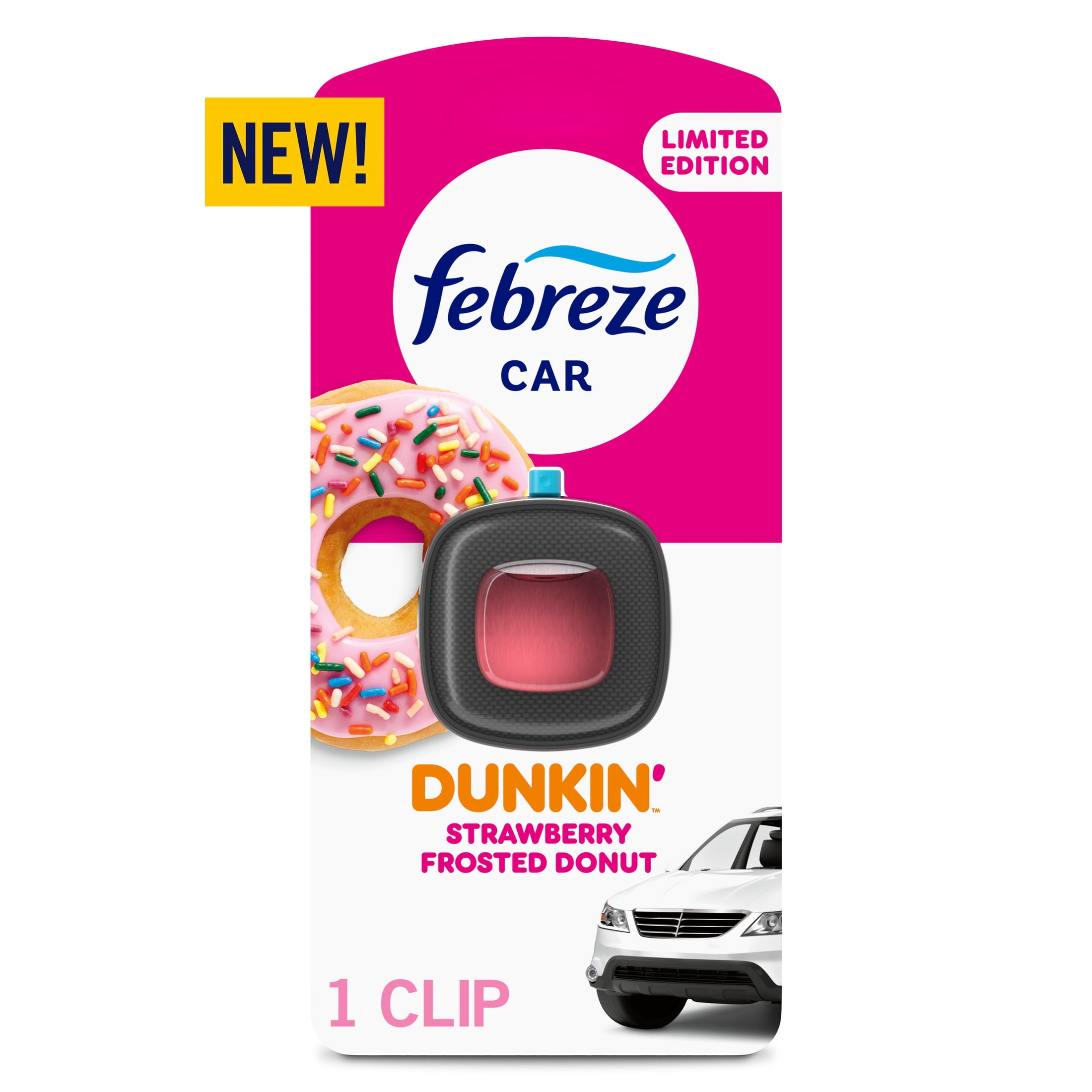 Febreze Dunkin' Car Air Freshener, Odor-Fighting Automotive Vent Clip, Strawberry Frosted Donut, 1 count