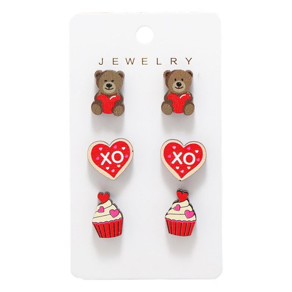 February 14 Festive Wooden Studs Earrings 6-Piece Set Personalized Heart-Shaped Rose Earring Set Gift Earrings For Women