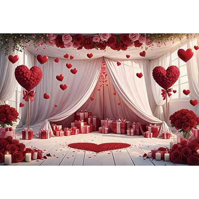 Aperturee Tension Fabric Backdrop, Pink Neon Hearts Valentine Day Love Photography Prop
