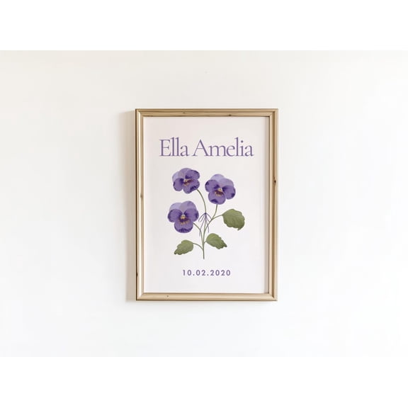 February Birth Flower Violet Name Print, Unframed Paper Poster 8x10in