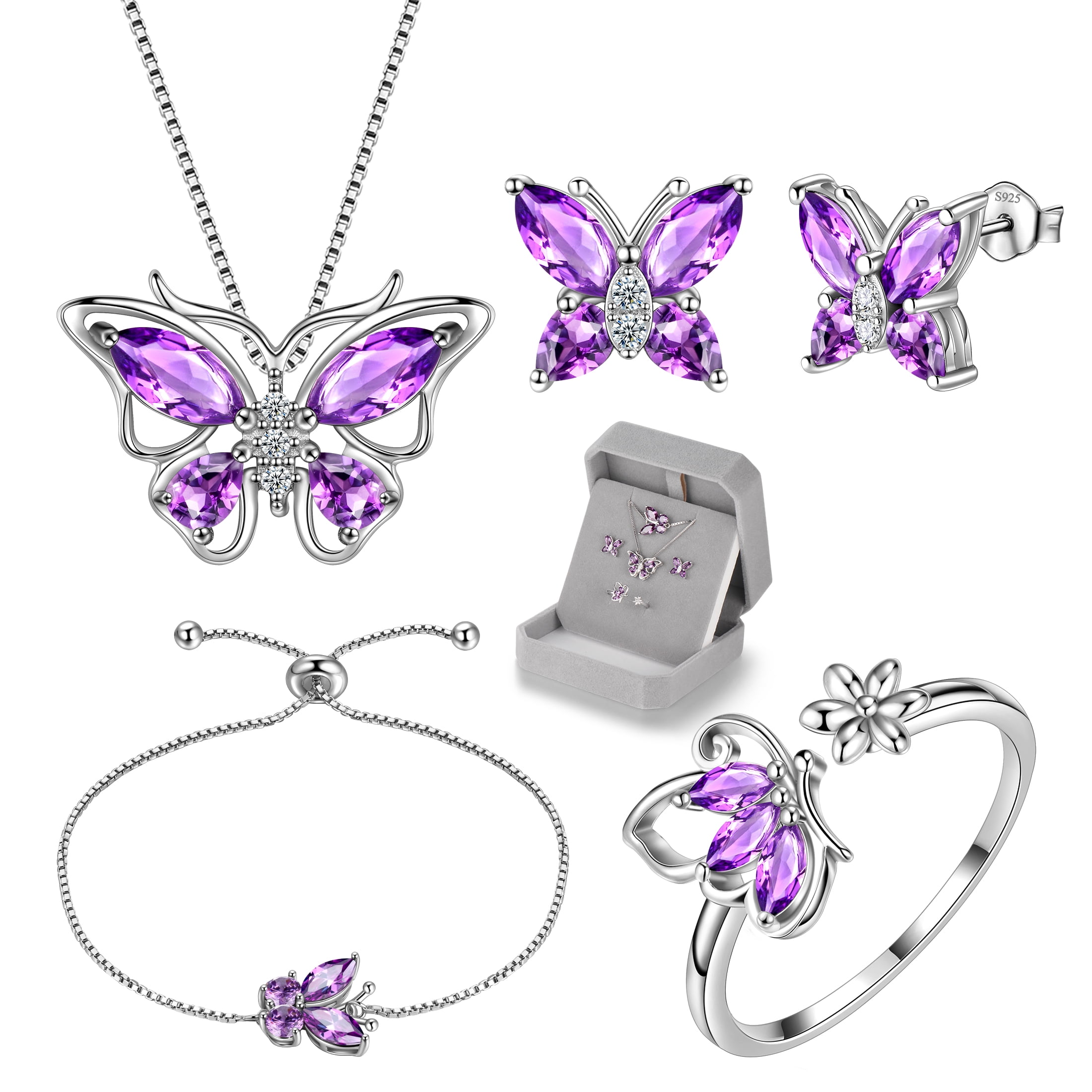 February Birthstone Jewelry Set Amethyst Purple Butterfly Fine Necklace/Earrings/Ring/Bracelet Sterling Silver Women Birthday Mother's Day Gifts
