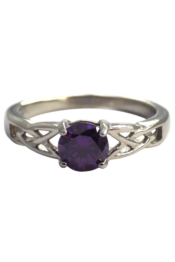 February Celtic Birthstone Ring Amethyst Purple Cubic Zirconia 316L Stainless Steel Band Fantasy Forge Jewelry