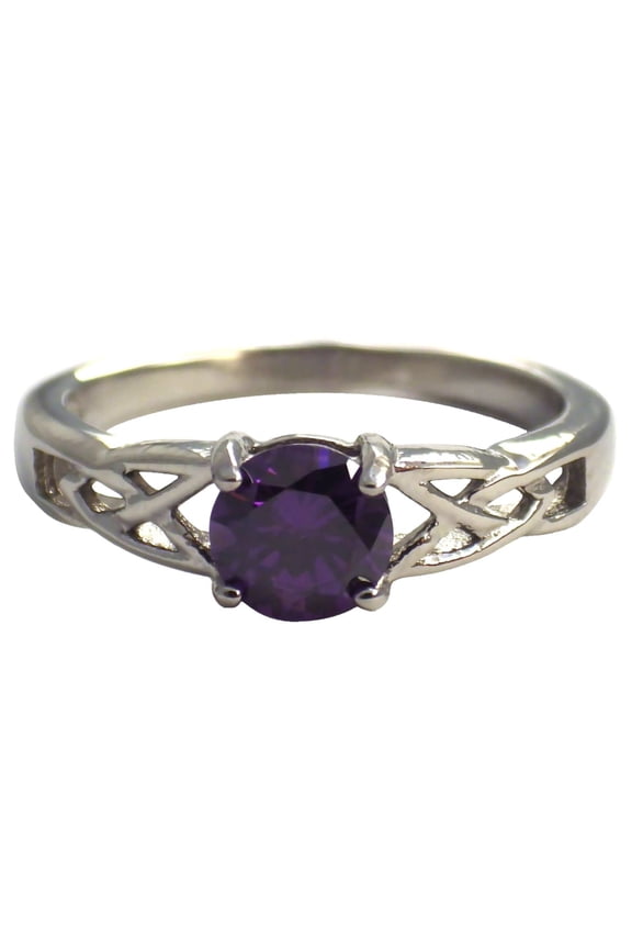 February Celtic Birthstone Ring Amethyst Purple Cubic Zirconia 316L Stainless Steel Band Fantasy Forge Jewelry