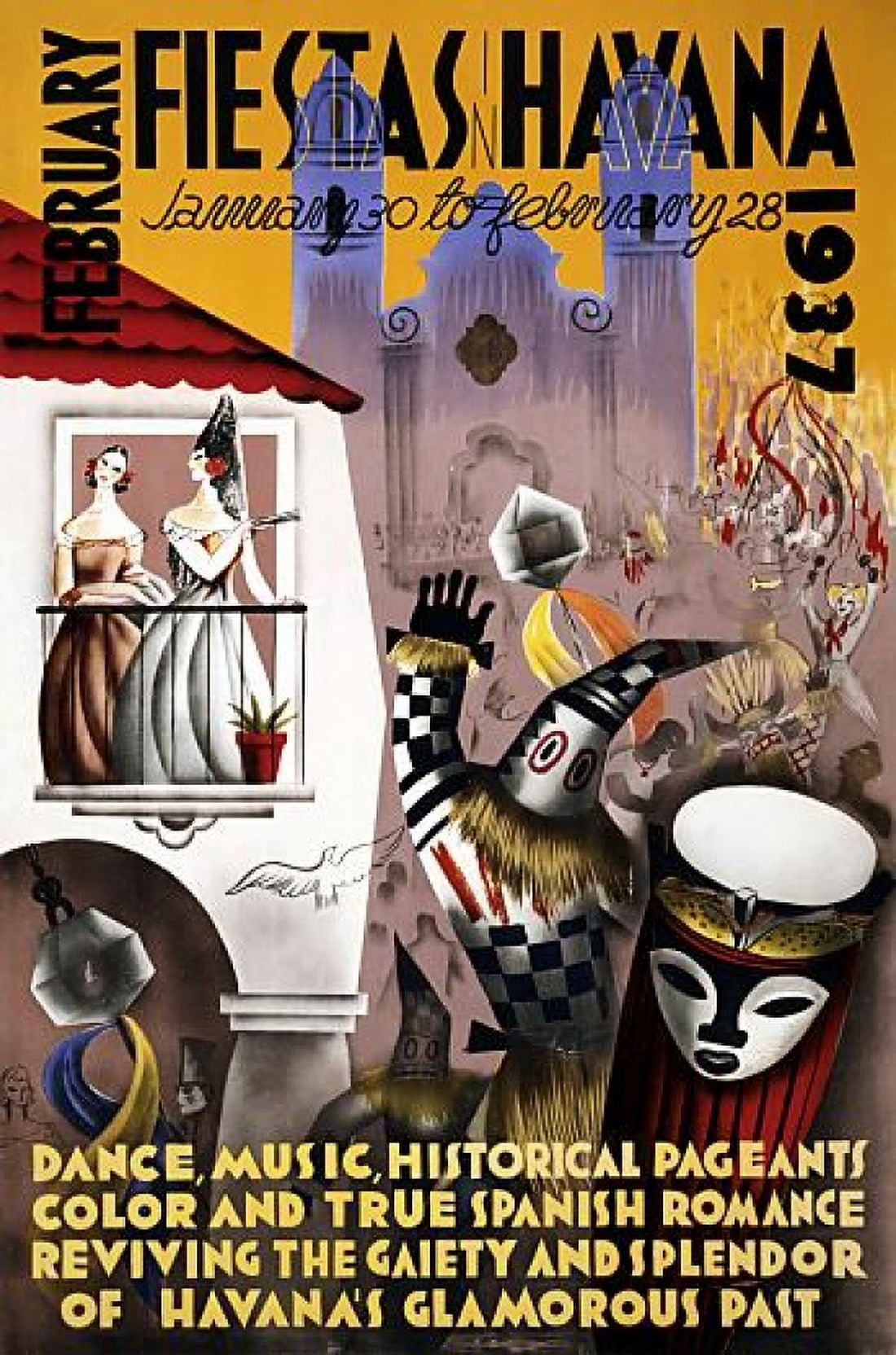 February Fiesta Havana 1937 Vintage Travel Canvas Art - (36 x 54)