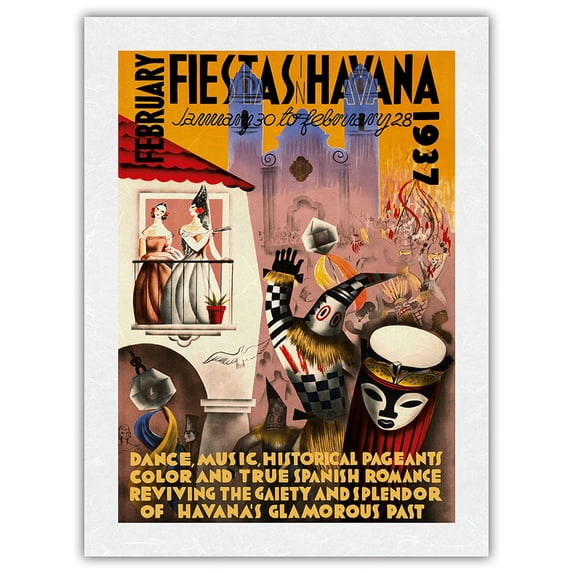 February Fiestas in Havana-January 30 to February 28 1937-Dance Music Historical Pageants-Vintage Travel Poster by Mario Carreño c.1937-Japanese Unryu Rice Paper Art Print (Unframed) 18 x 24 in