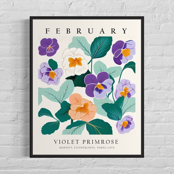 February Flower Month Art Print, Violet Primrose Poster, Unframed Paper Poster 8x10in