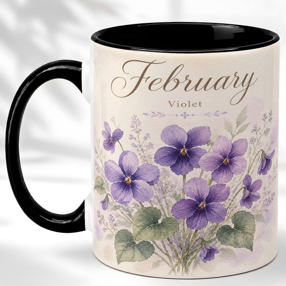 February Girl Coffee Mug, Violet Birth Month Flower Cup, Watercolor Floral Birthday Gift for Her, Botanical Design, Ceramic 11 Oz Mug