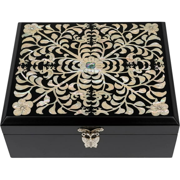 February Mountain Mother of Pearl Large Wooden Keepsake Box with Hinged Lid - Handcrafted Decorative Boxes with Lids for Home Décor