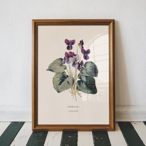 February Violet Birth Flower Print Vintage Botanical Wall Art, February Birthday Gift for Her, Violet Flower Print, Poster Only