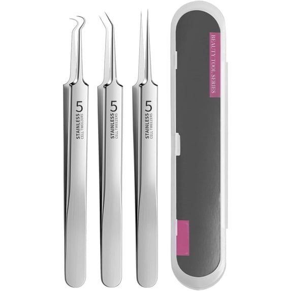 Fecong Tweezers, Ascoly Tweezers, 2025 New Stainless Steel Blackhead Tweezers, Professional Facial Blackhead Remover Kit, Pore Cleaner Tool, Anti Slip Handle with Storage Box (Set A)