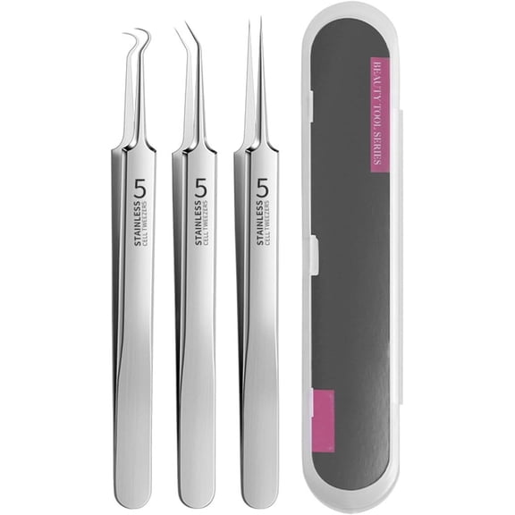 Fecong Tweezers, Ascoly Tweezers, 2025 New Stainless Steel Blackhead Tweezers, Professional Facial Blackhead Remover Kit, Pore Cleaner Tool, Anti Slip Handle with Storage Box (Set A)