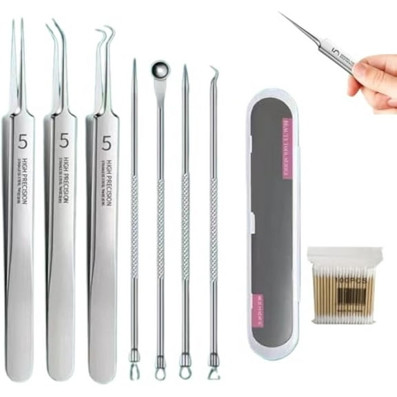 Fecong Tweezers, Fecong Stainless Steel Blackhead Removal Kit, Stainless Steel Blackhead Remover Kit, Professional Facial Blackhead Remover Tweezers, Black Head Removal Tool Set (7pcs)
