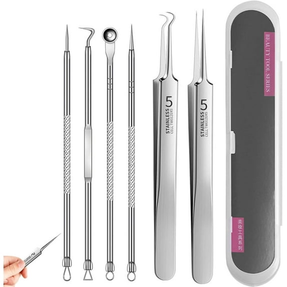 Fecong Tweezers, Stainless Steel Blackhead Removal Kit, Professional Facial Blackhead Remover Tweezers, Stainless Steel Blackhead & Extractor Set, Blackhead Remover Tools-6pcs A-3