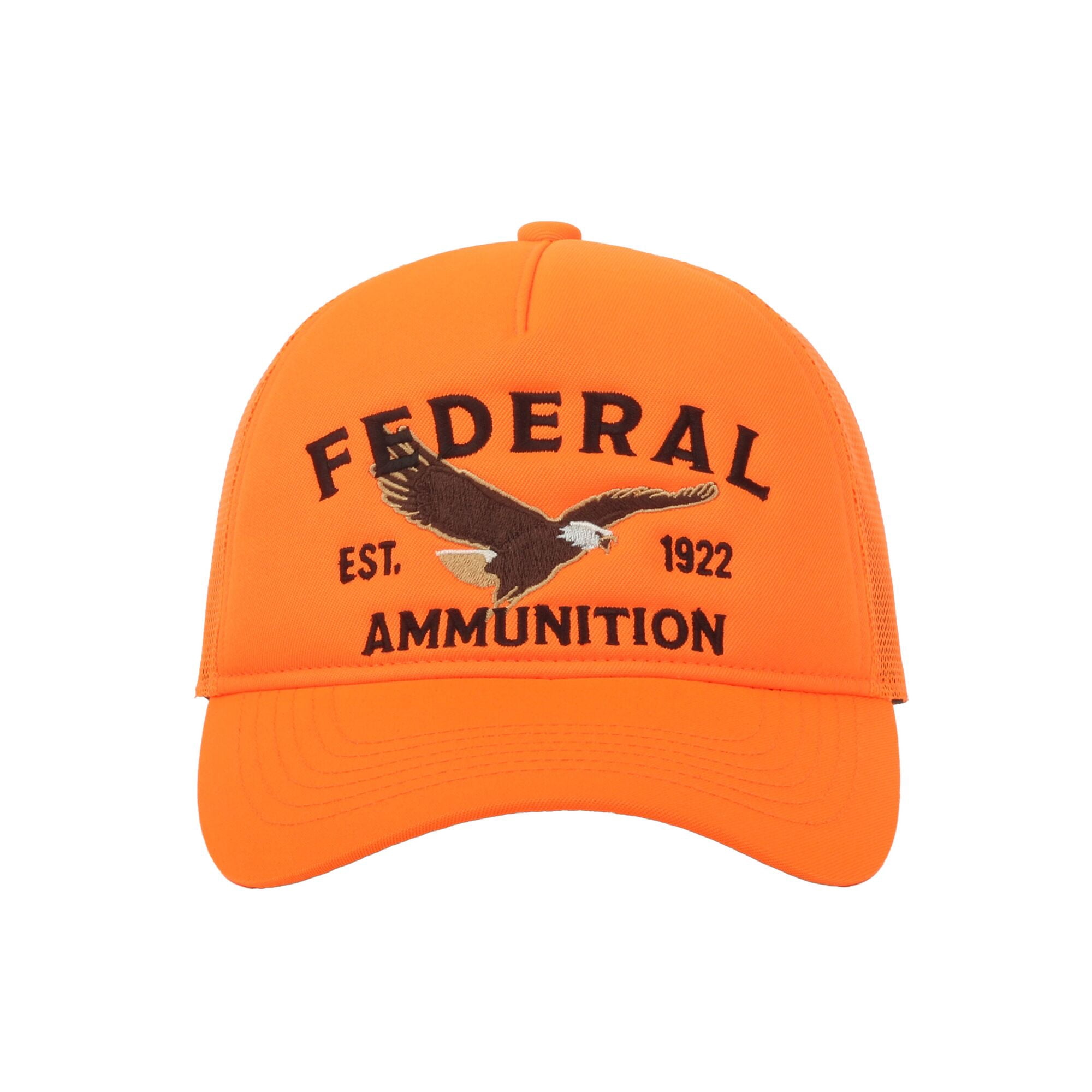 Federal Ammunition Structured 5-Panel Trucker Hat – Blaze Orange Embroidered Eagle Logo Meshback Cap, One Size