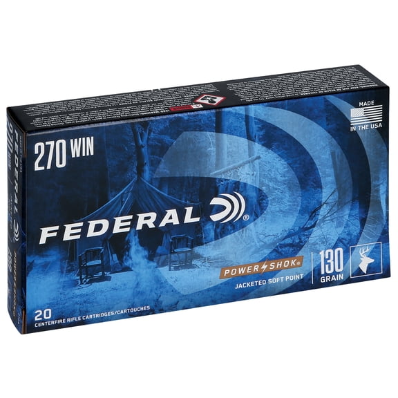 Federal Power-Shok Rifle, 270 Win, 130 gr, Jacketed Soft Point, 3060 fps, 20 Count