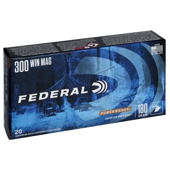 Federal Power-Shok Rifle, 300 Win Mag, 180 gr, Jacketed Soft Point, 2960 fps, 20 Count