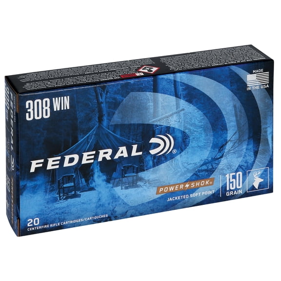 Federal Power-Shok Rifle, 308 Win, 150 gr, Jacketed Soft Point, 2820 fps, 20 Count
