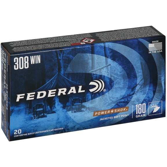 Federal Power-Shok Rifle, 308 Win, 180 gr, Jacketed Soft Point, 2570 fps, 20 Count