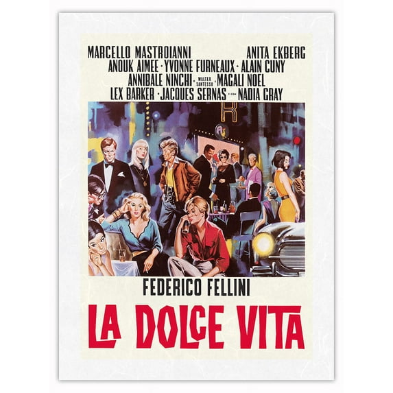 Federico Fellini’s La Dolce Vita - with Marcello Mastroianni Anita Ekberg - Vintage Italian Film Movie Poster by Sandro Simeoni c.1960 - Japanese Unryu Rice Paper Art Print (Unframed) 12 x 16 in