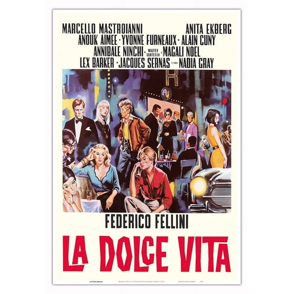 Federico Fellini’s La Dolce Vita - with Marcello Mastroianni Anita Ekberg - Vintage Italian Film Movie Poster by Sandro Simeoni c.1960 - Master Art Print (Unframed) 13in x 19in