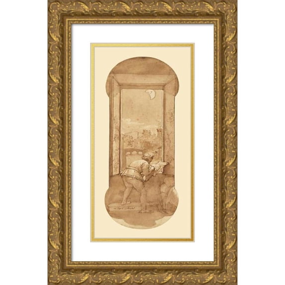 Federico Zuccaro 11x18 Gold Ornate Wood Frame and Double Matted Museum Art Print Titled - Taddeo Drawing by Moonlight in Calabrese's House (1595)