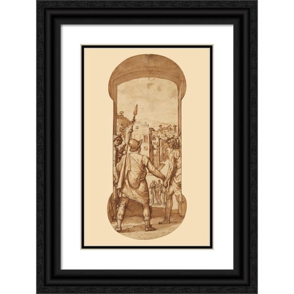 Federico Zuccaro 13x18 Black Ornate Wood Framed Double Matted Museum Art Print Titled - Taddeo Returns to Rome Escorted by Drawing and Spirit Toward the Three Graces (1595)