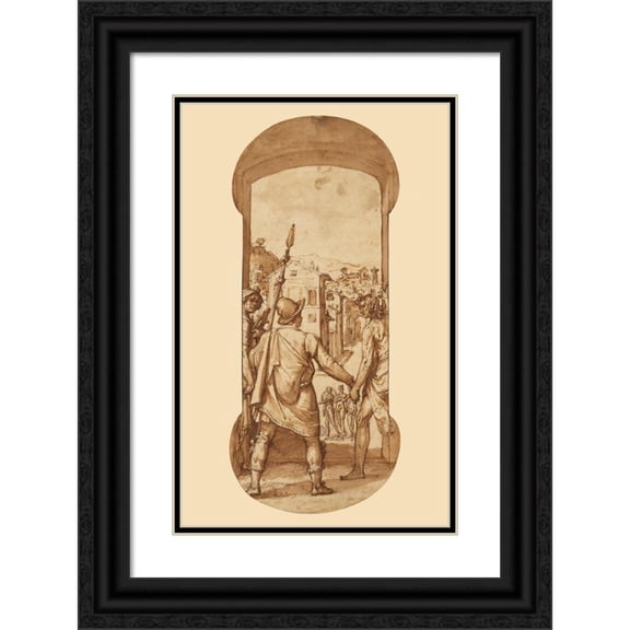 Federico Zuccaro 17x24 Black Ornate Framed Double Matted Museum Art Print Titled: Taddeo Returns to Rome Escorted by Drawing and Spirit Toward the Three Graces (1595)