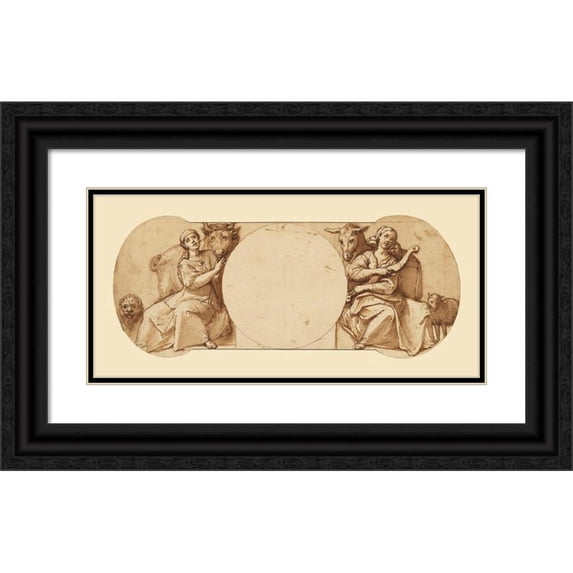 Federico Zuccaro 24x13 Black Ornate Framed Double Matted Museum Art Print Titled: Allegories of Fortitude and Patience (1595)