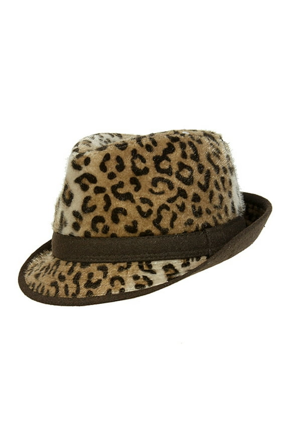 Fedora Hat - Faux Fur Leopard Print - Brown - HT-12FASW637BR