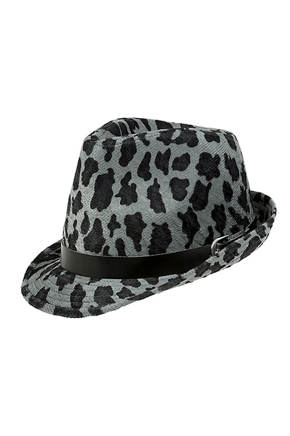 Fedora Hat - Leopard Print Fedora w/ Belted Band - Gray - HT-1118GY