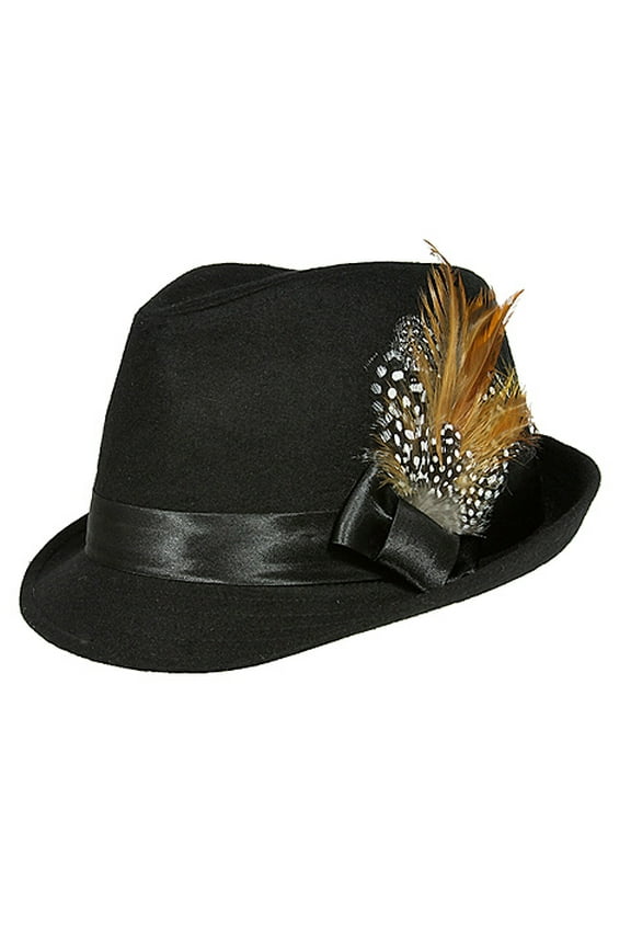 Fedora Hat - Wool-felt w/ Satin Ribbon Bow & Feather - Black - HT-AHA51777BK