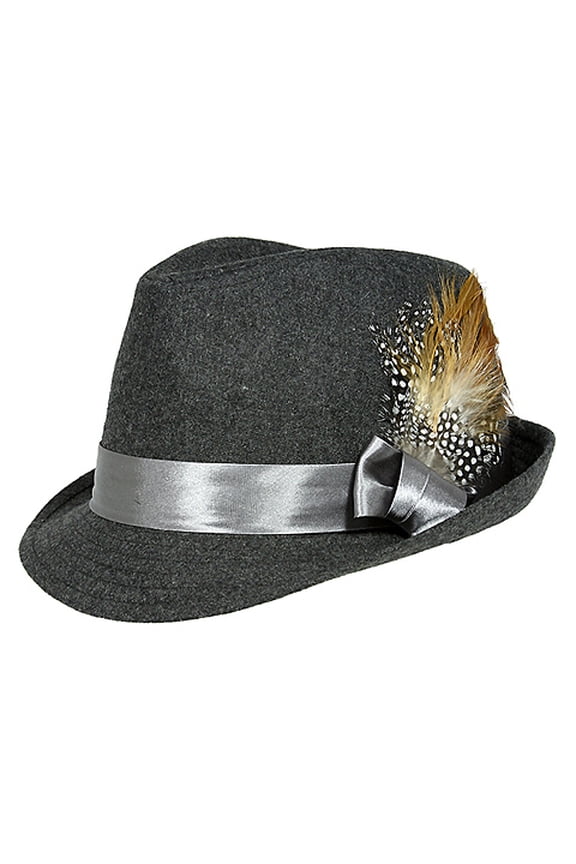 Fedora Hat - Wool-felt w/ Satin Ribbon Bow & Feather - Dark Gray - HT-AHA51777DGY