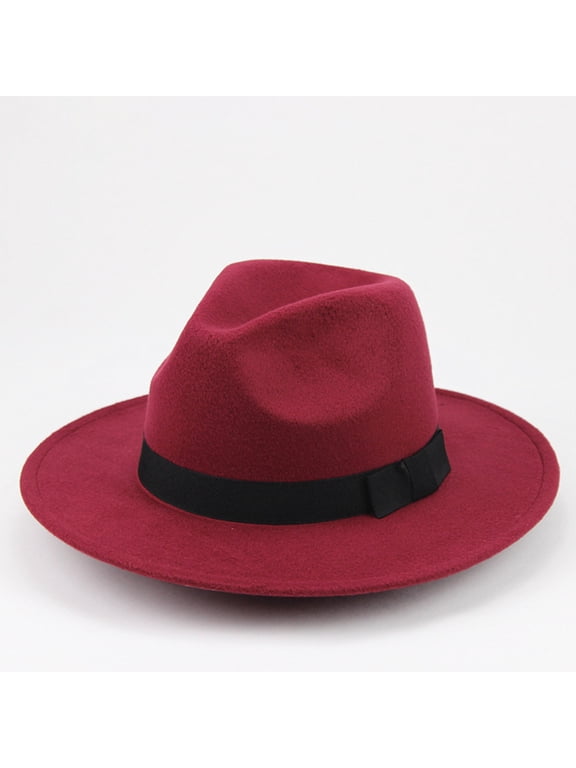 Fedora Hats For Men Women Vintage Wide Brim Felt Panama Hat Burgundy Wool Felt Hat Jazz Style Dress Hat With Black Ribbon Wine red