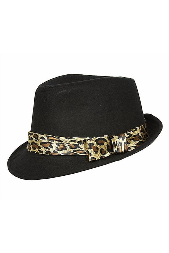 Fedora Hats - Wool-felt Like w/ Leopard Print Band - Black - HT-AHA51743BK