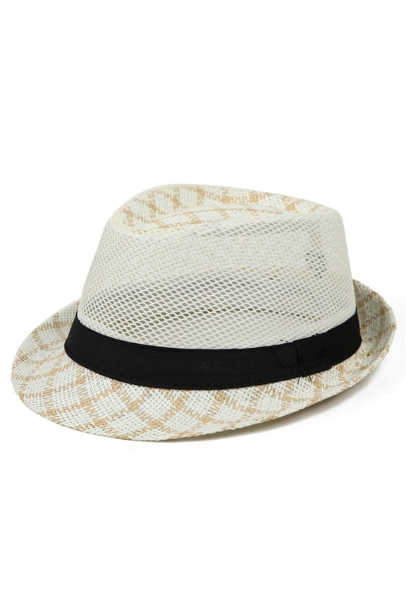 Fedora Hats for Men Hollow-Out Breathable Sun Protection Straw Hat Mens Casual Plaid Printed Going-Out Beach Visor Cap