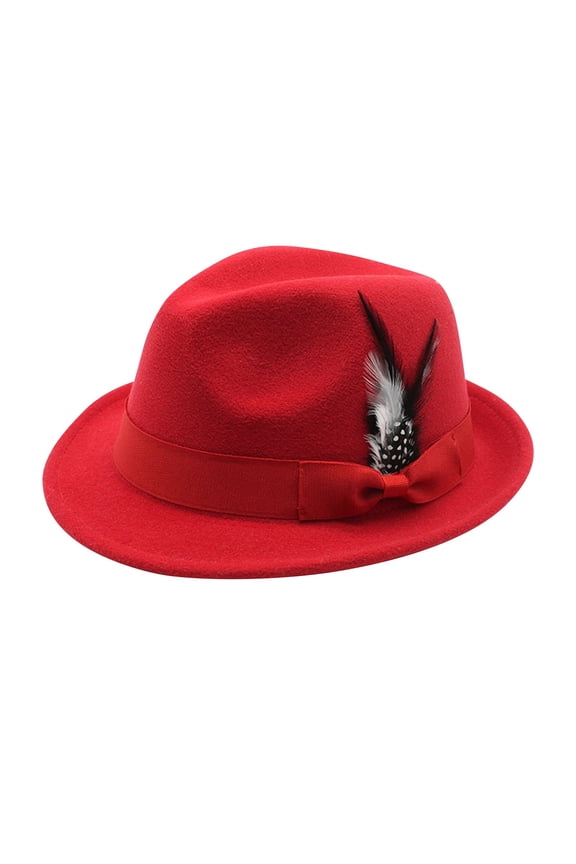 Fedora Hats for Men Vintage Short Brim Felt Hat Dress Panama Trilby Hats Soft Jazz Top Hat with Feathers Band Red One Size