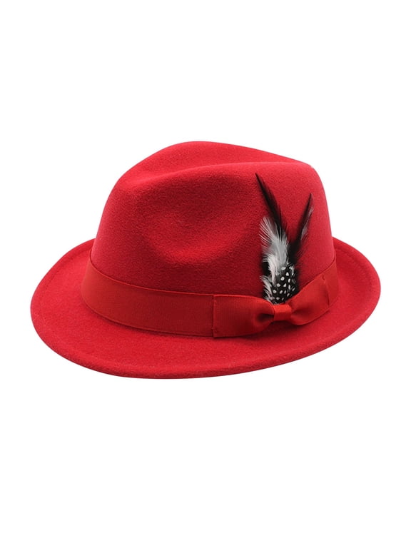 Fedora Hats for Men Vintage Short Brim Felt Hat Dress Panama Trilby Hats Soft Jazz Top Hat with Feathers Band Red One Size