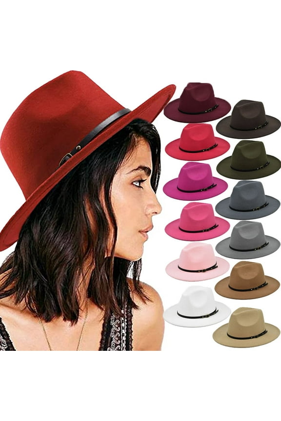 Fedora Hats for Women Belt Buckle Band Felt Soft Wide Brim Panama Hat Adjustable Fall Winter