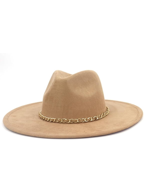 Fedora Hats for Women Men Western Big Wide Brim Suede Hats Panama Hat Rancher Hat with Chain