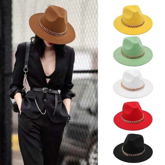 Fedora Hats for Women Men, Wide Brim Thick Gold Chain Band Felted Hat Jazz Cap Fedora Winter Autumn Panama Cap